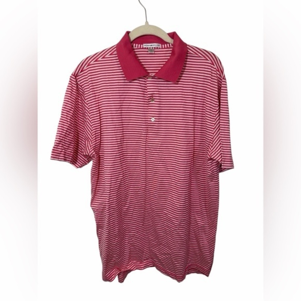 Peter Millar Striped Short-Sleeve Golf Polo in Pink and White Size Large Cotton
